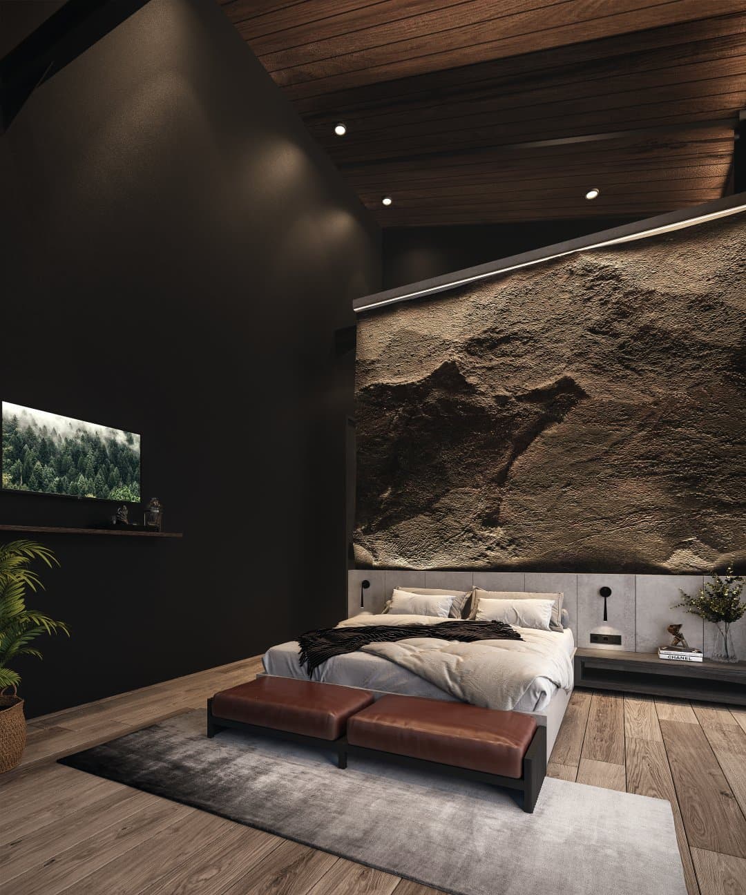 Modern Villa Bedroom With Stone Wall